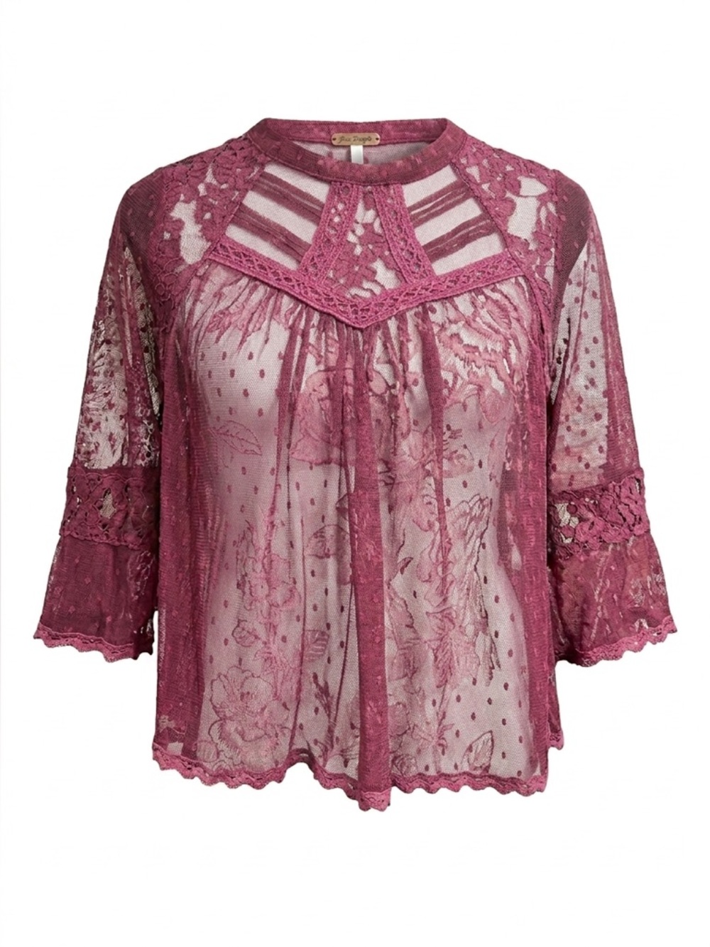 Free People Magenta Lace Boho Blouse Purple Floral Size Small